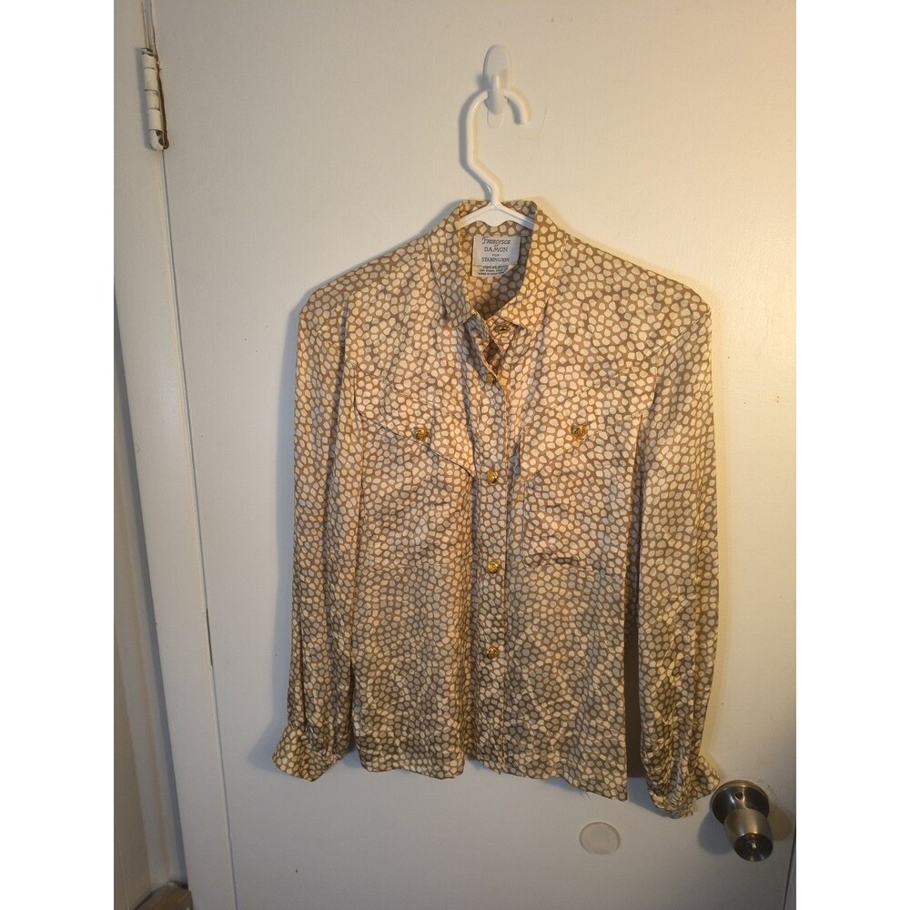 VTG 80s Francesca of Damon Silk Blouse Womens 6 Tan Animal Pebble Print Western